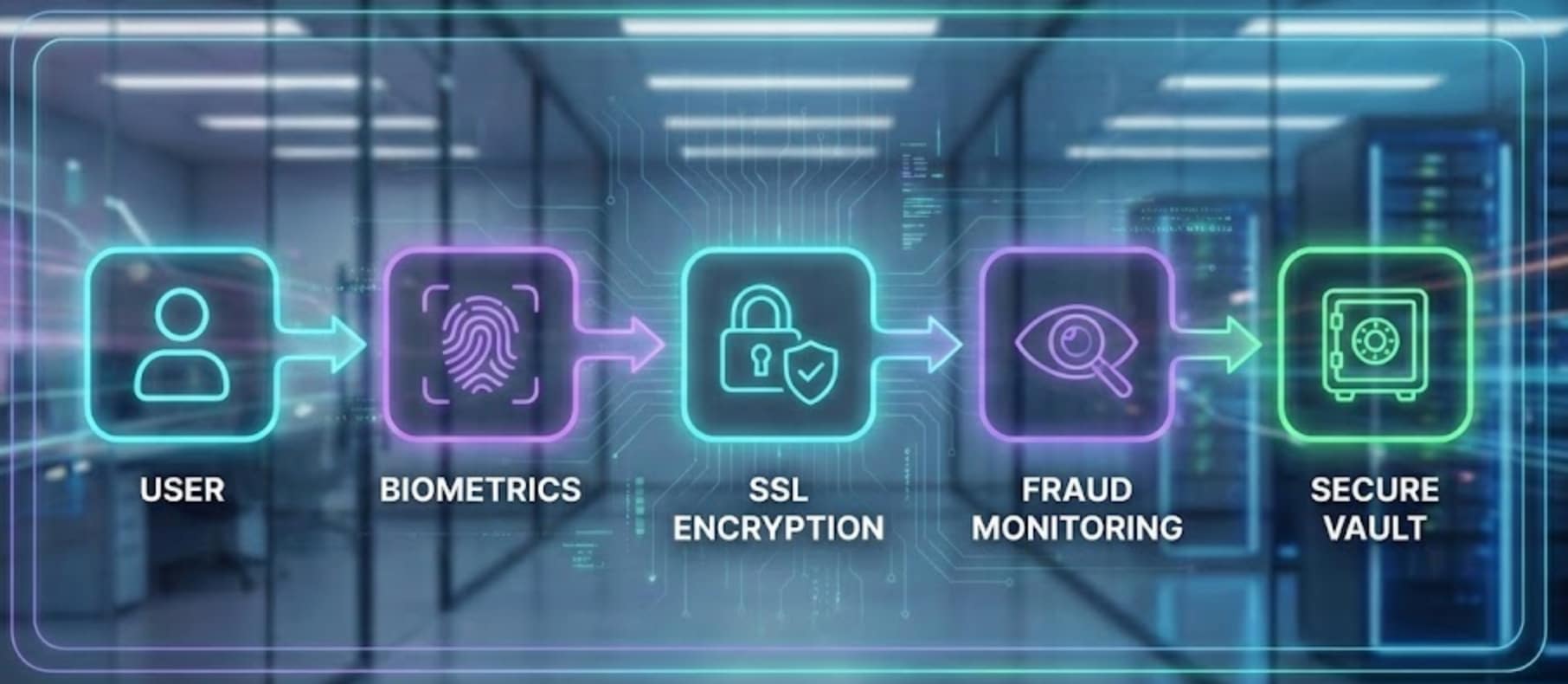 Security flow diagram showing the five layers of protection: User verification, Biometrics, SSL Encryption, Fraud Monitoring, and Secure Vault