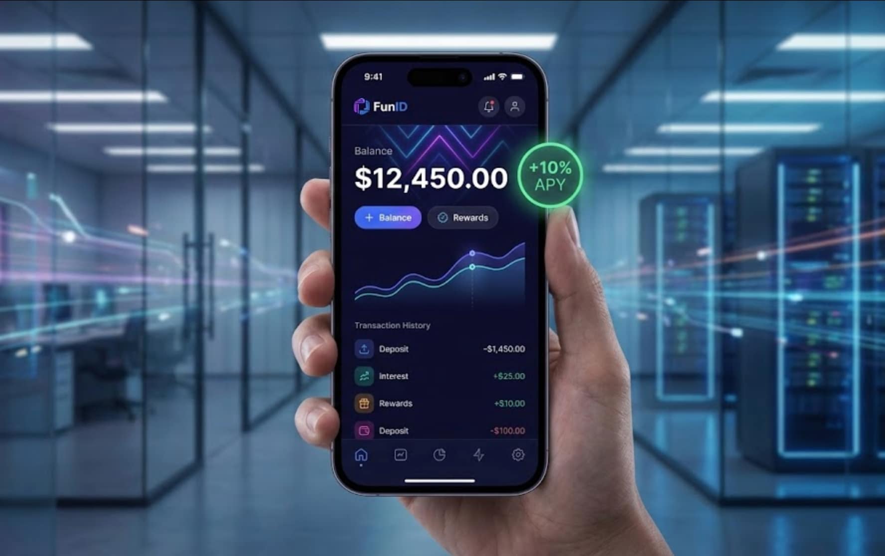 FunID mobile app interface displaying account balance and the +10% APY earning rate